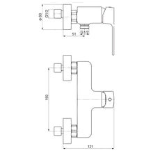 Załaduj obraz do przeglądarki galerii, Bateria natryskowa ścienna TRINNITY, rysunek produktu z wymiarami