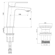 Załaduj obraz do przeglądarki galerii, Bateria umywalkowa TRINNITY stojąca z korkiem Click Clak - rysunek z wymiarami