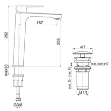 Załaduj obraz do przeglądarki galerii, Bateria umywalkowa TRINNITY stojąca wysoka z korkiem Click Clak - rysunek z wymiarami