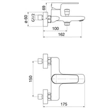 Załaduj obraz do przeglądarki galerii, Bateria wannowa TRINNITY ścienna dwuotworowa - rysunek z wymiarami