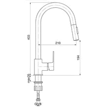 Załaduj obraz do przeglądarki galerii, Bateria zlewozmywakowa TRINNITY stojąca, łukowa wyciągana wylewka - rysunek produktu z wymiarami