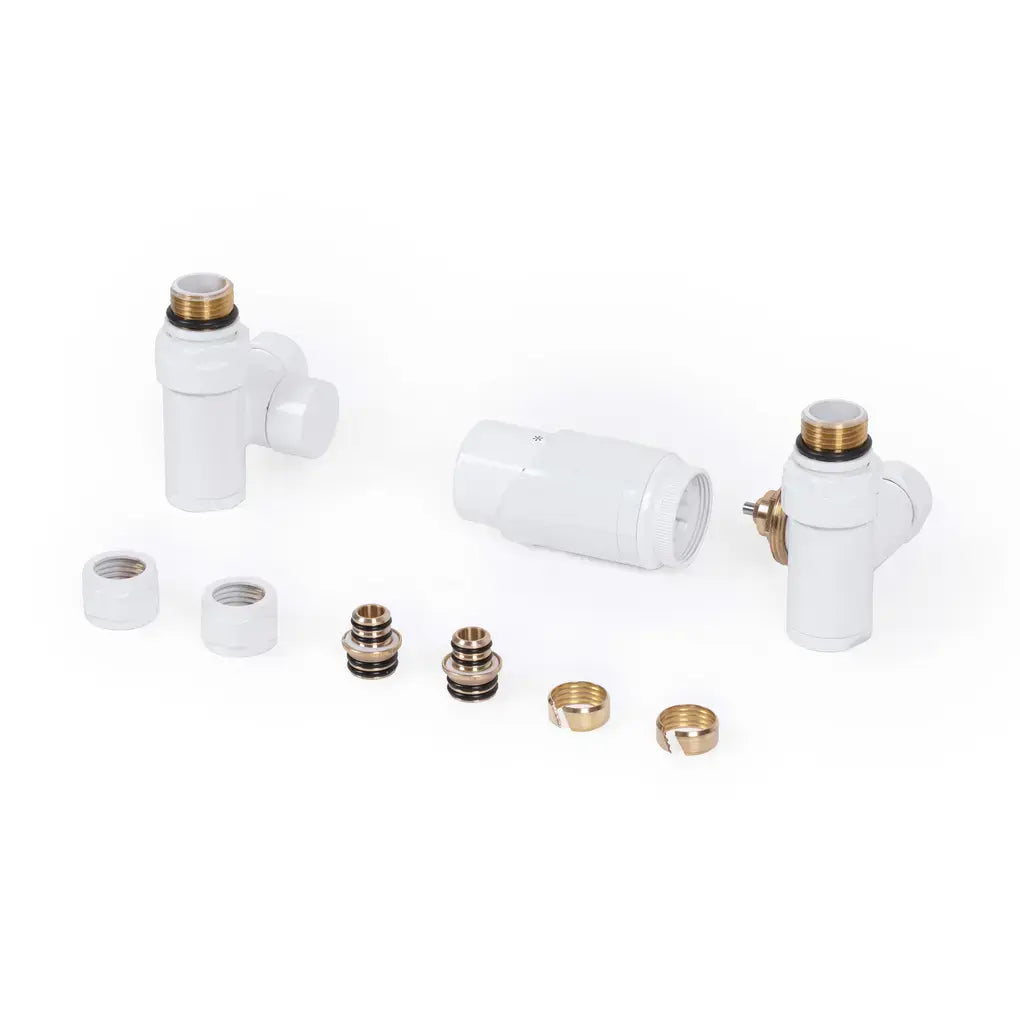 Zestaw termostatyczny biały z głowicą trójosiowy GZ 1/2'' złączki, do grzałki