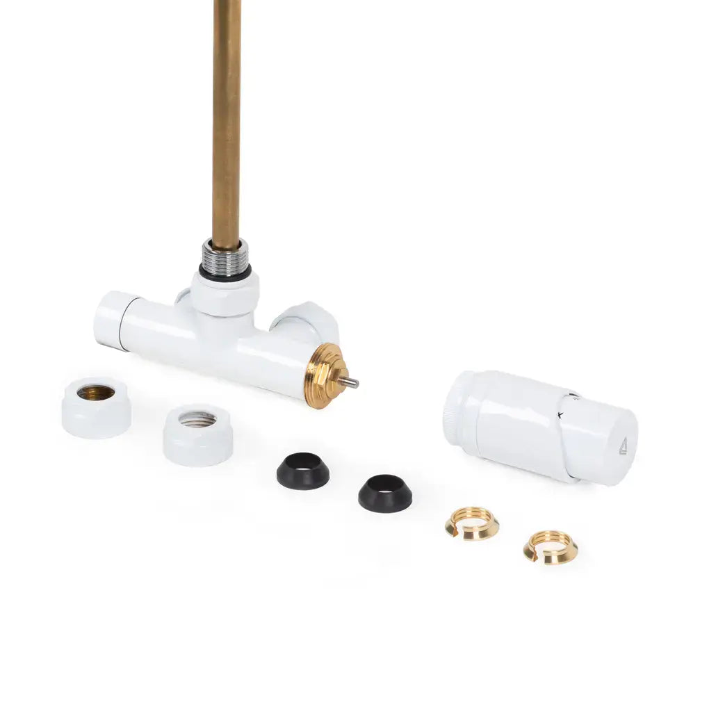 Zestaw termostatyczny biały z głowicą 50mm kątowy GZ 1/2'' złączki, z rurką nurnikową
