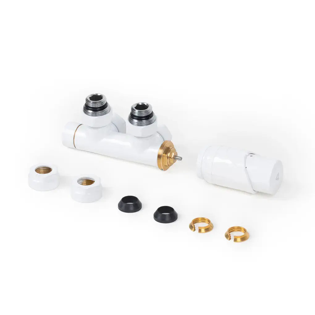Zestaw termostatyczny biały z głowicą 50mm kątowy GZ 1/2'' złączki Cu/PEX