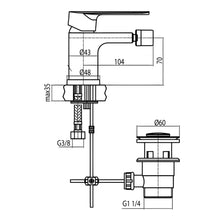 Załaduj obraz do przeglądarki galerii, Bateria bidetowa TRINNITY stojąca z korkiem automatycznym - rysunek z wymiarami